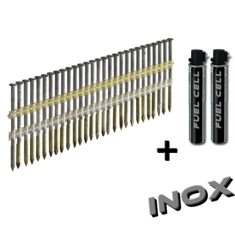 Pack pointes en bande 20°/21° 3.1x55 mm Annelées Inox Tête bombée + Gaz